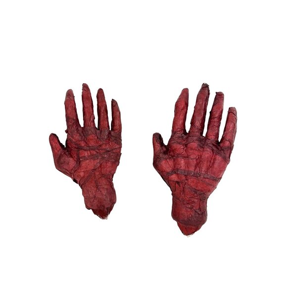 Zombie Hands Halloween Decorations Papier Mache Vtg Severed Red Bloody Set of 2 - Picture 7 of 8